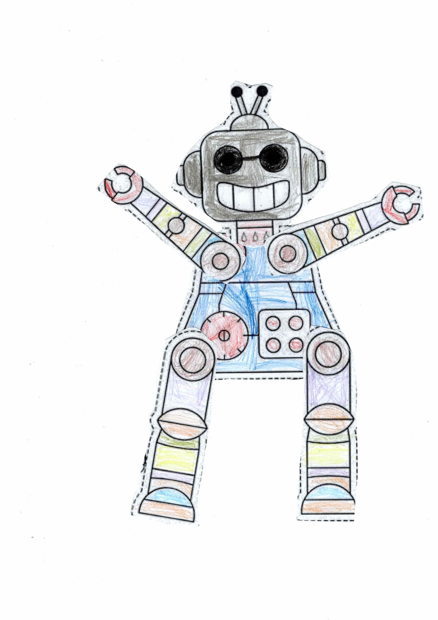Disegno a mano del robot con braccia aperte a V, matita e pastello